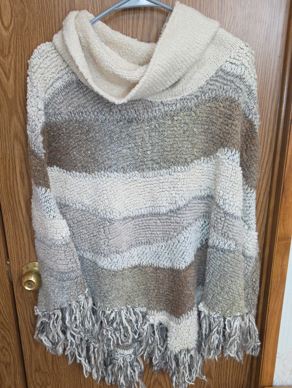INC International Concepts Cream and Taupe Striped Fringe Hooded Poncho